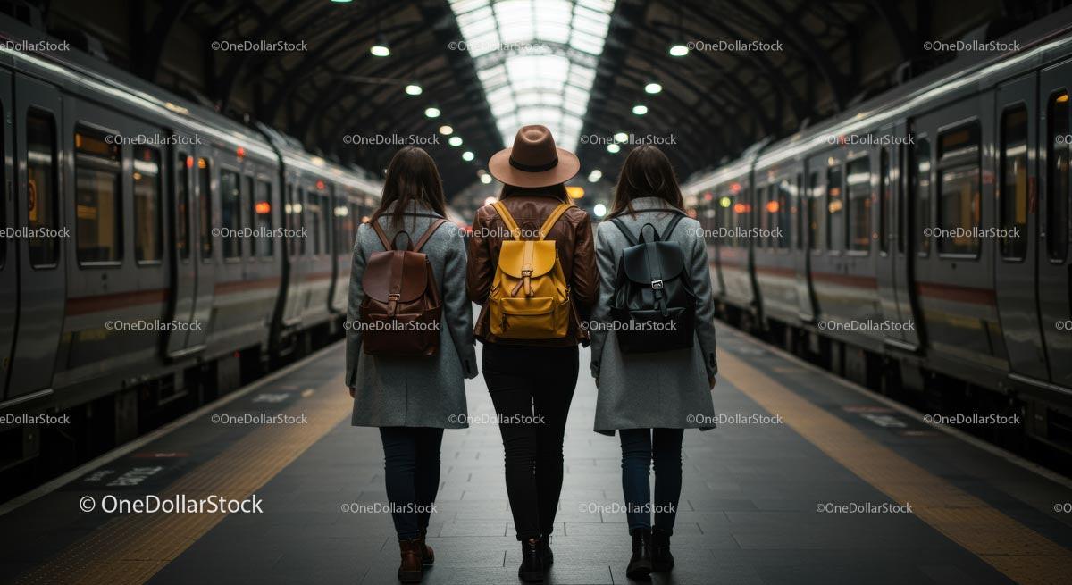 Three Women with Backpacks at Train Station Platform