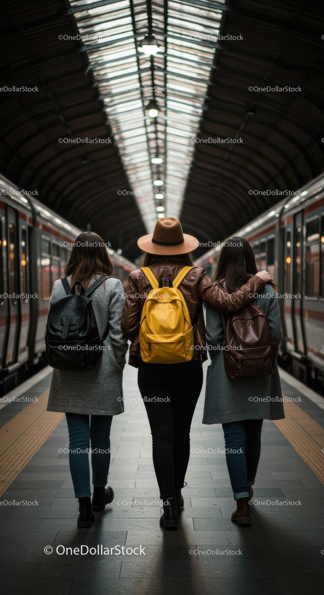 Three Women Embracing at Train Station Platform