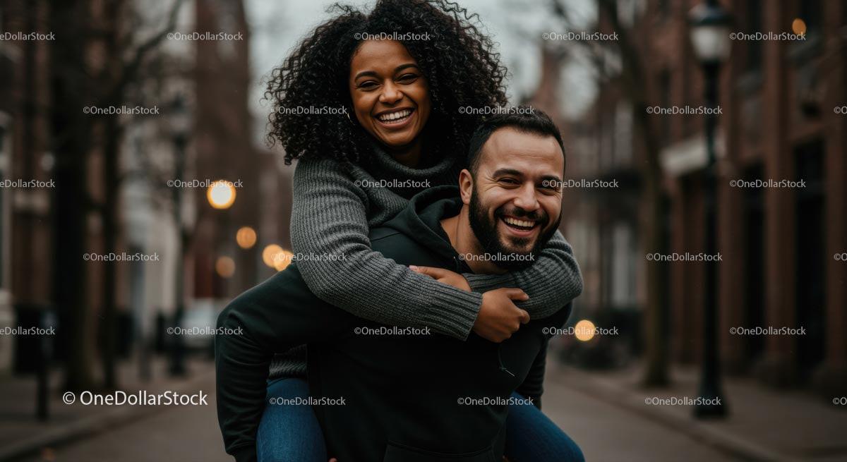 Joyful Couple Enjoying a Playful Moment on City Street