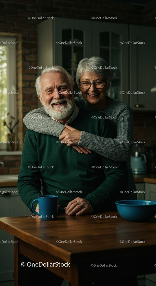 Happy Senior Couple Embracing in Cozy Kitchen