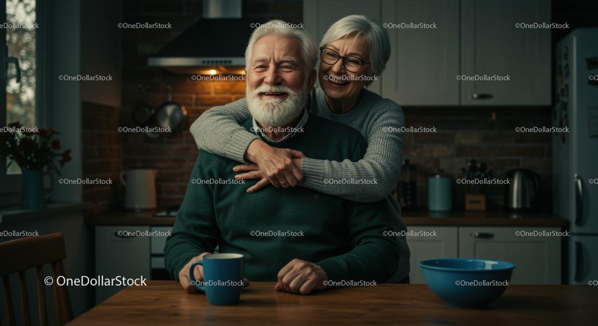 Affectionate Elderly Couple Enjoying Morning Coffee in Cozy Kitchen