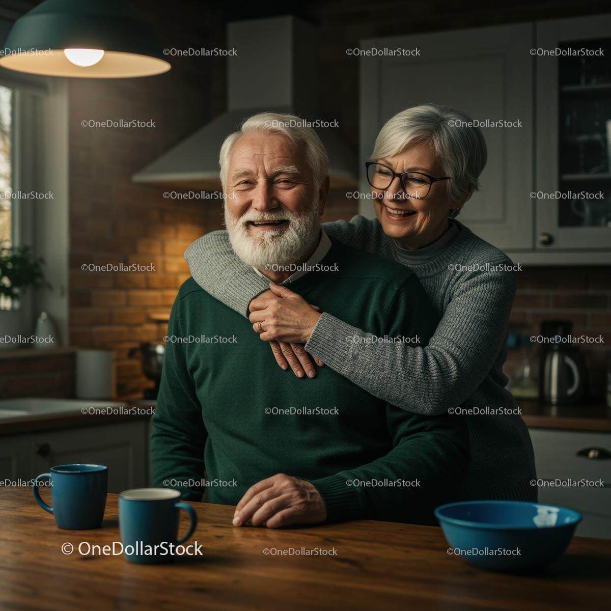 Smiling Elderly Couple Sharing a Moment in Cozy Kitchen