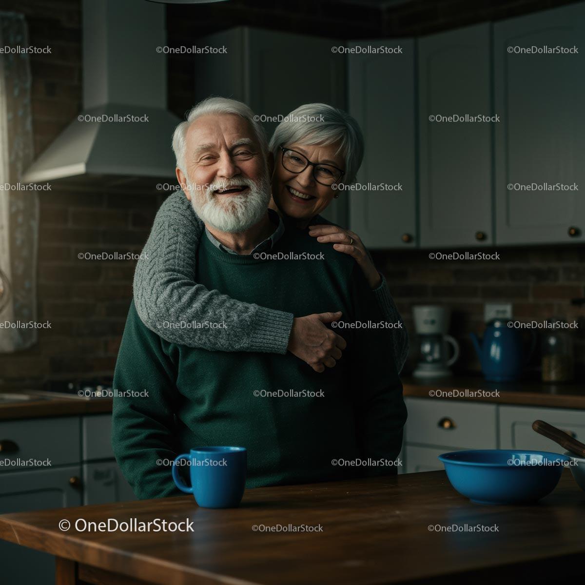 Elderly Couple Embracing in Cozy Kitchen Setting