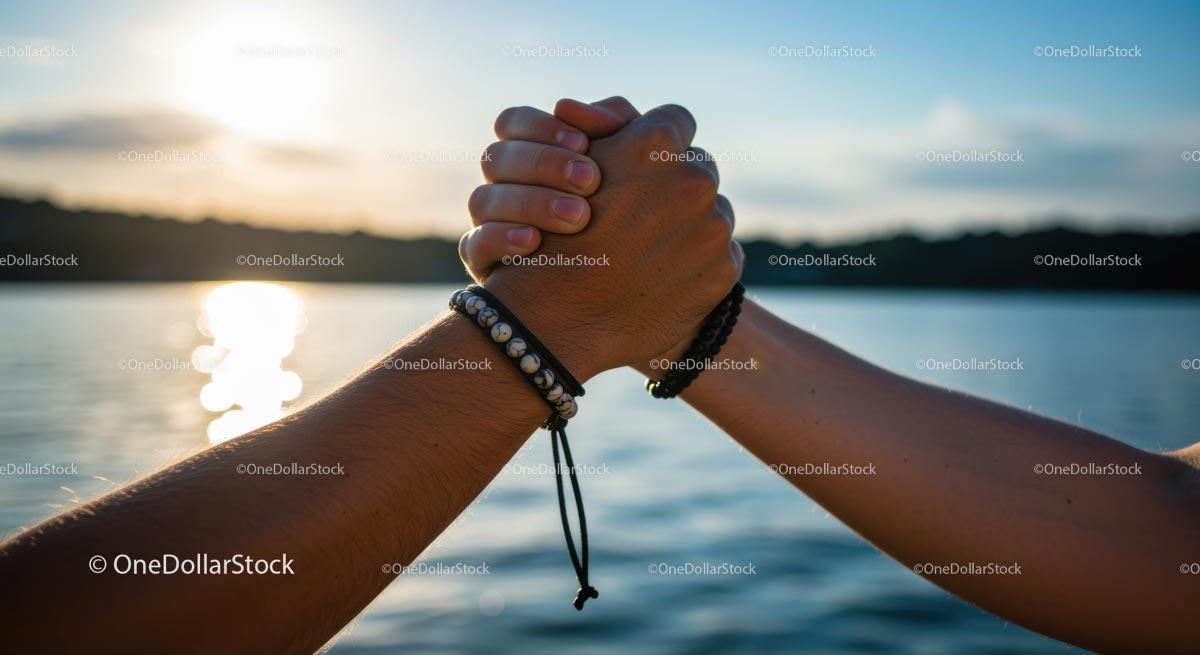 Handshake of Unity at Sunset Over Tranquil Lake