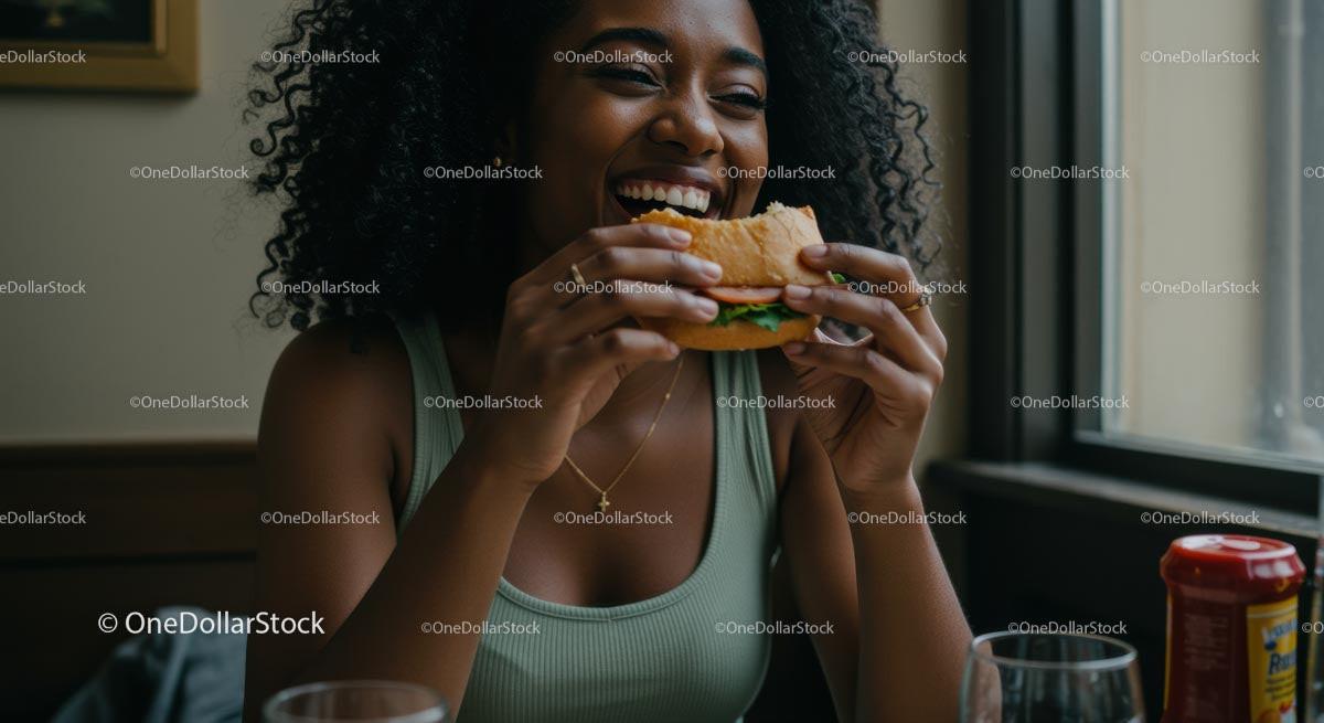 Joyful Woman Savoring a Delicious Sandwich in Cozy Cafe