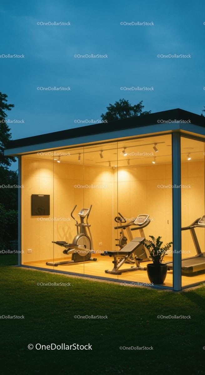Evening View of Modern Glass Home Gym Amidst Greenery