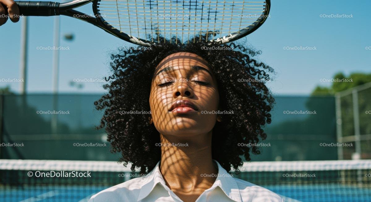 Serene Woman with Tennis Racquet Shadows on Court