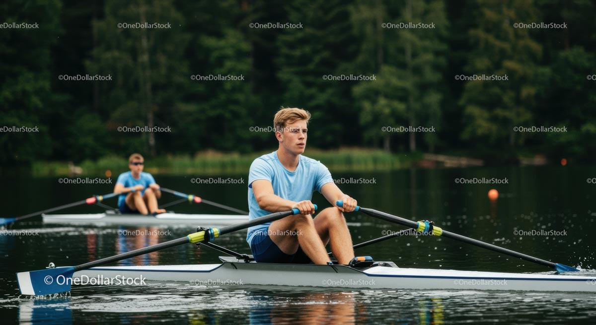 Rowing Team Training on Serene Lake Among Greenery