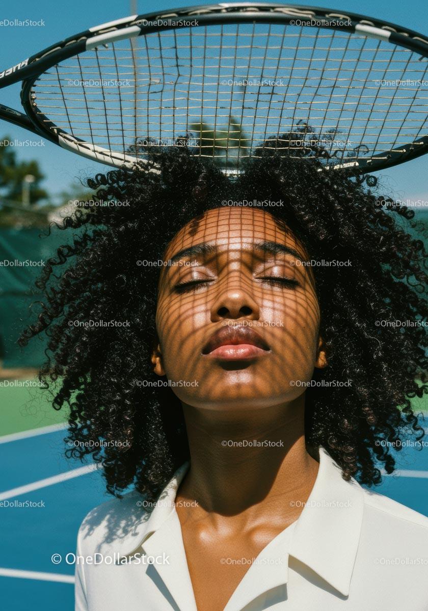 Woman Relaxing on Tennis Court with Afro Hairstyle
