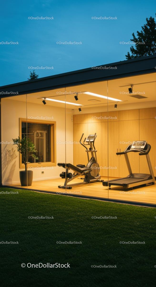 Modern Glass-Walled Home Gym with Fitness Equipment