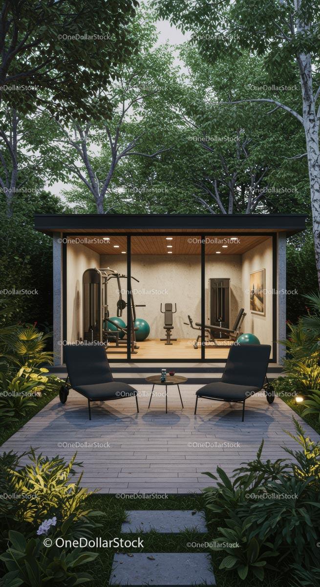 Modern Home Gym Surrounded by Lush Greenery