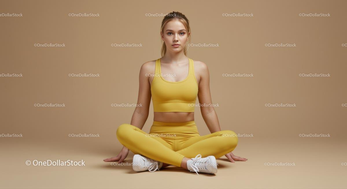 Young Woman Meditating in Yellow Fitness Outfit