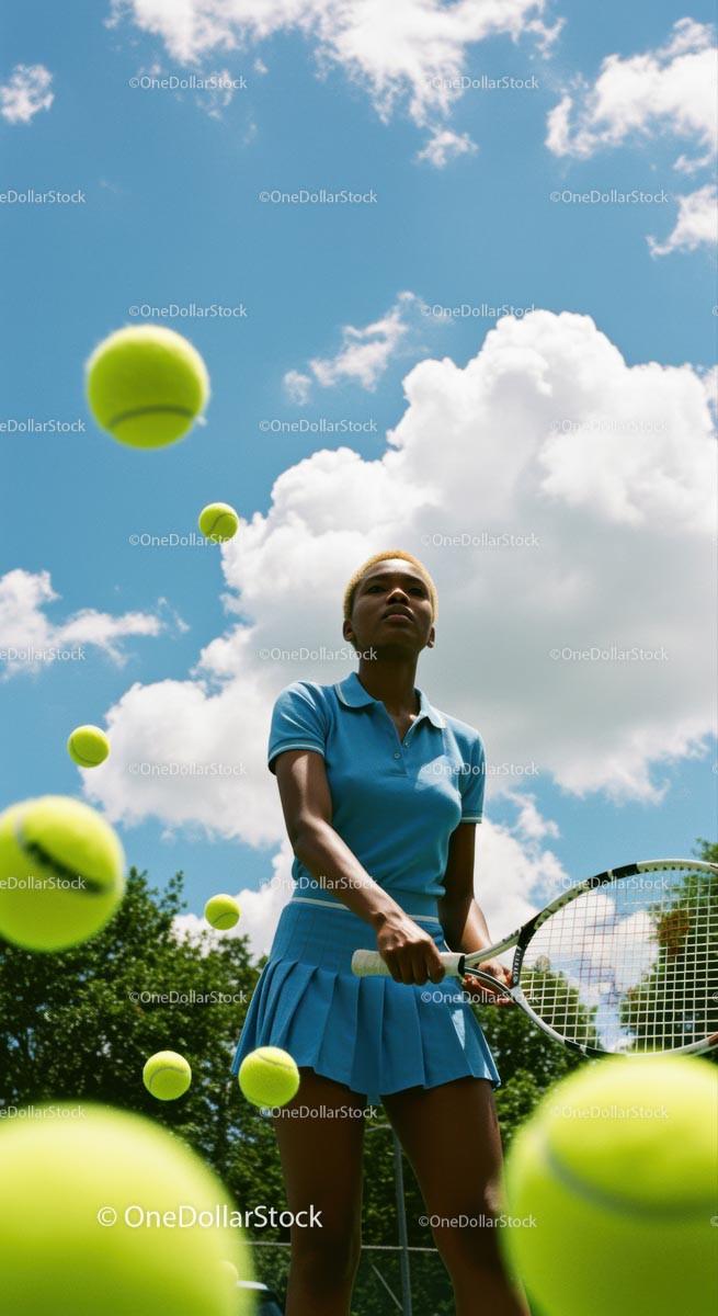 Dynamic Female Tennis Player Amidst Floating Balls