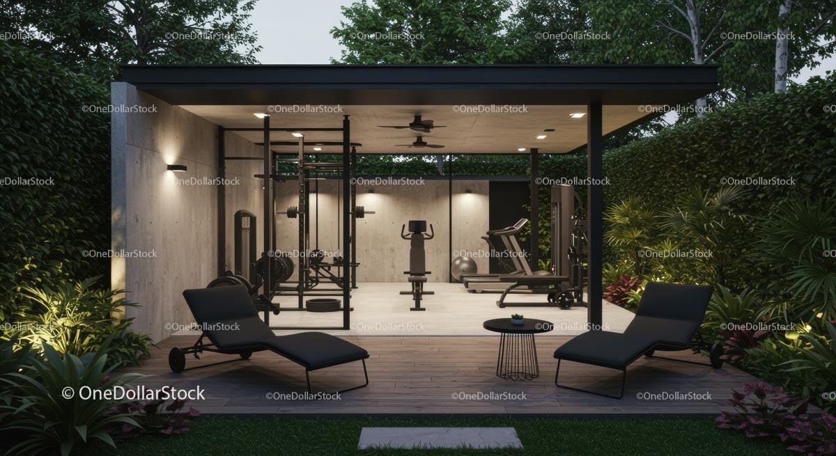 Modern Home Gym in Lush Green Garden Setting