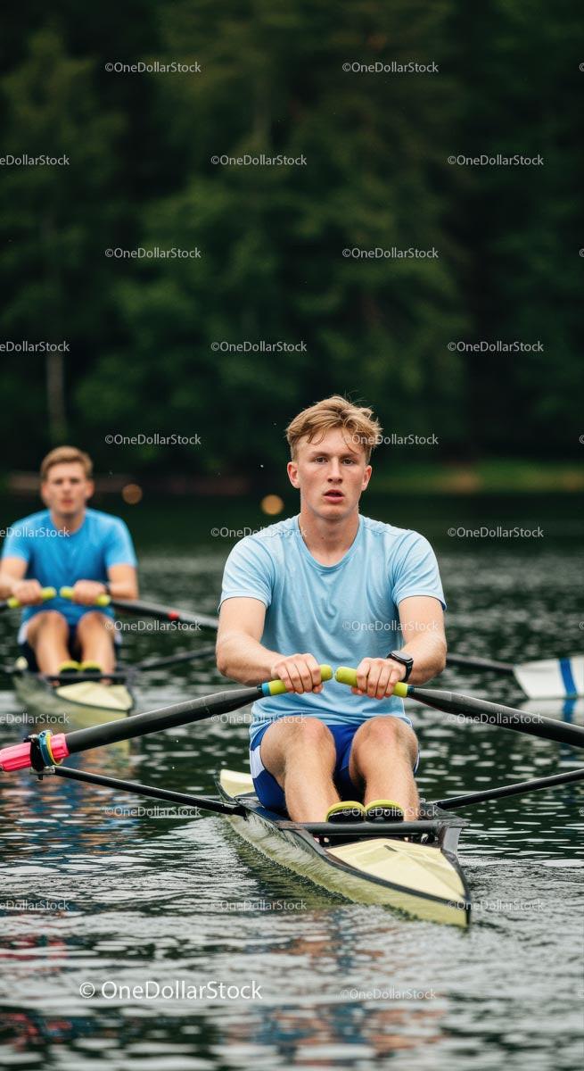 Young Rowers in Action on Tranquil Lake