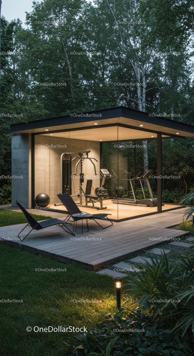 Modern Outdoor Home Gym Surrounded by Lush Greenery