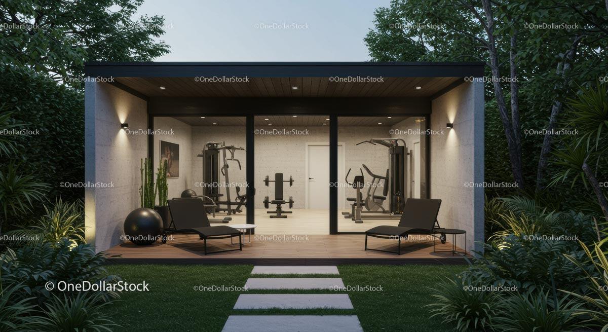 Luxury Home Gym Surrounded by Lush Greenery