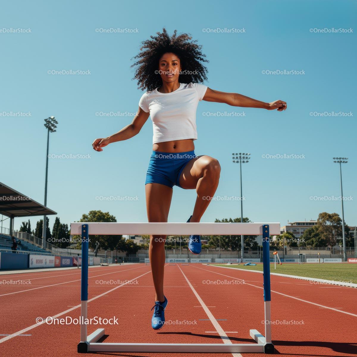 Athletic Woman Hurdling on Stadium Track in Summer