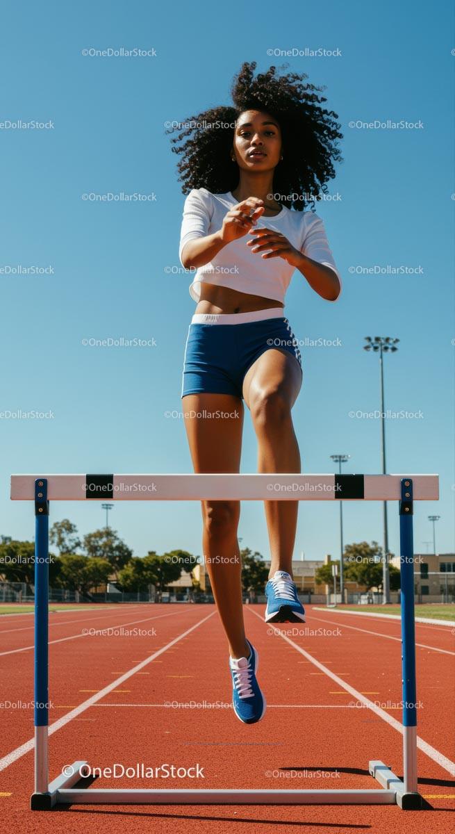 Female Athlete Leaping Over Hurdle on Sunny Track