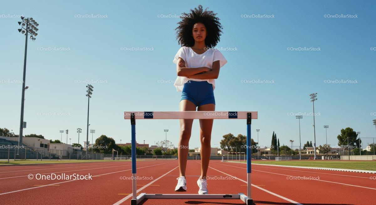 Young Athlete Standing Confidently by Hurdle on Track