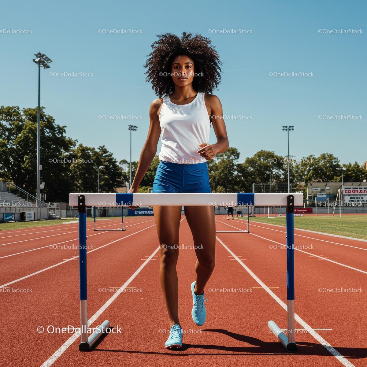 Athletic Woman Training on Outdoor Track with Hurdles