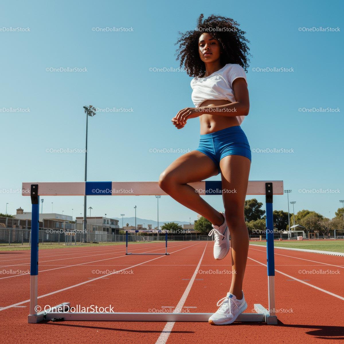 Young Female Athlete Training on Hurdle Track