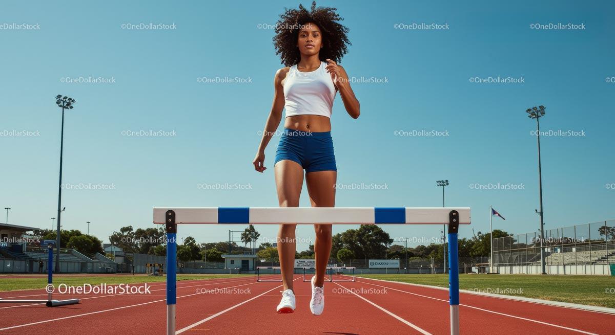 Female Athlete Hurdling at Outdoor Track
