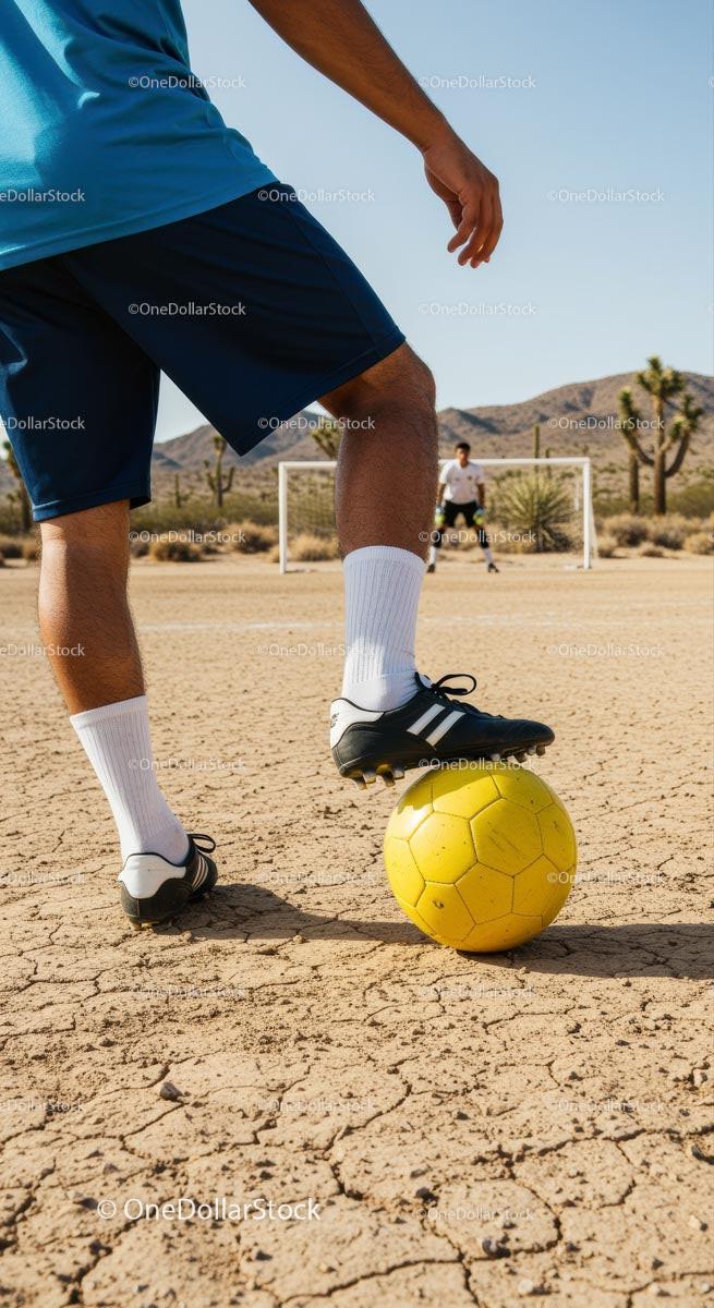 Soccer Training on Desert Field with Yellow Ball