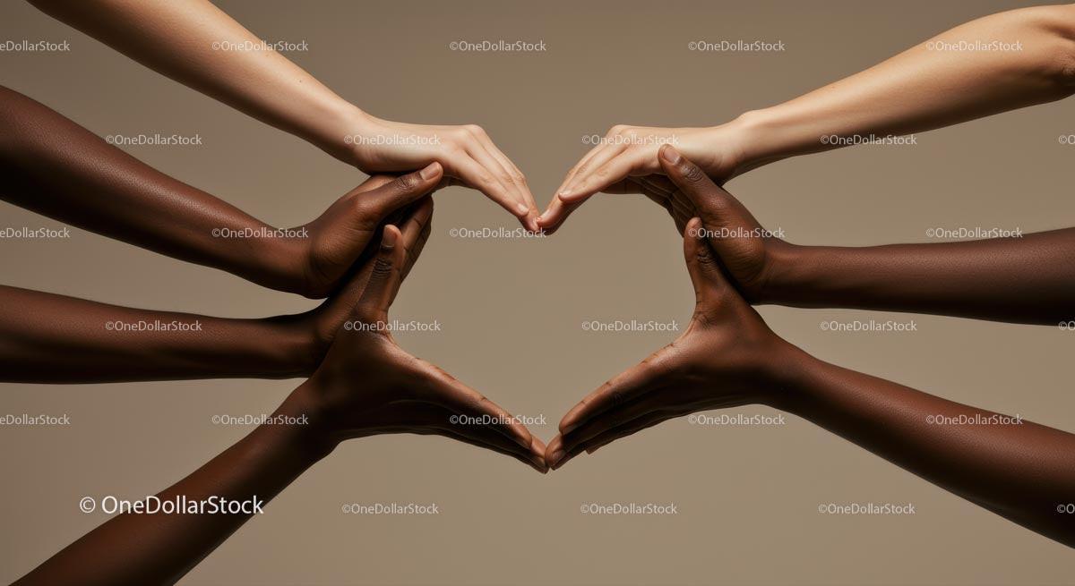 Interracial Hands Forming a Heart Symbol of Unity