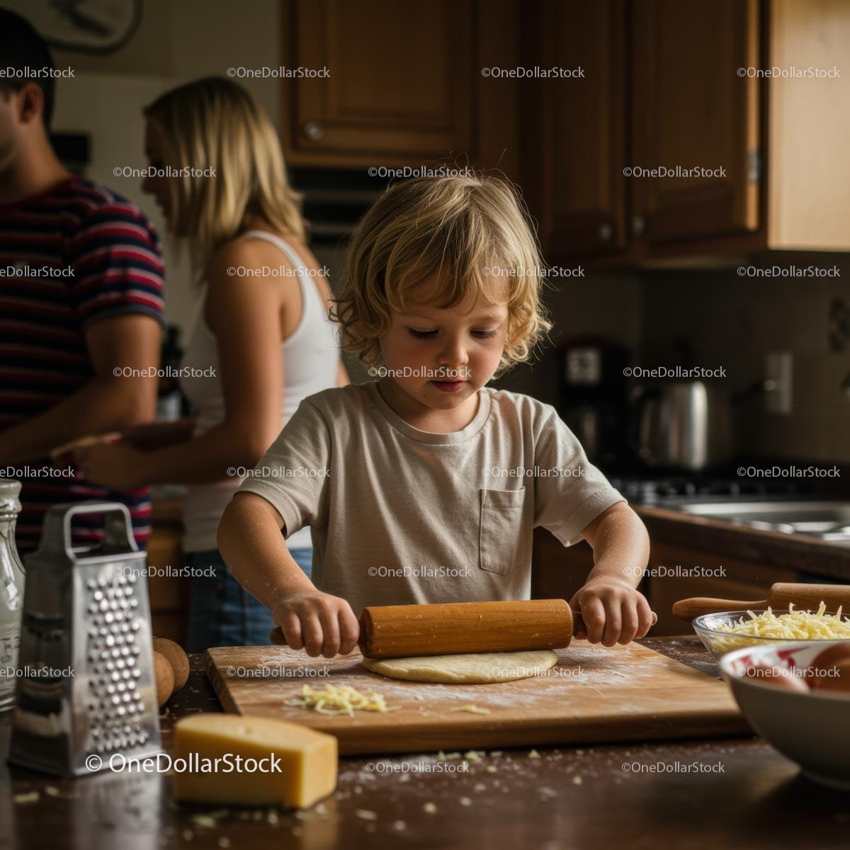 Blond Child Rolling Dough in Cozy Family Kitchen Stock Photo Bundle preview