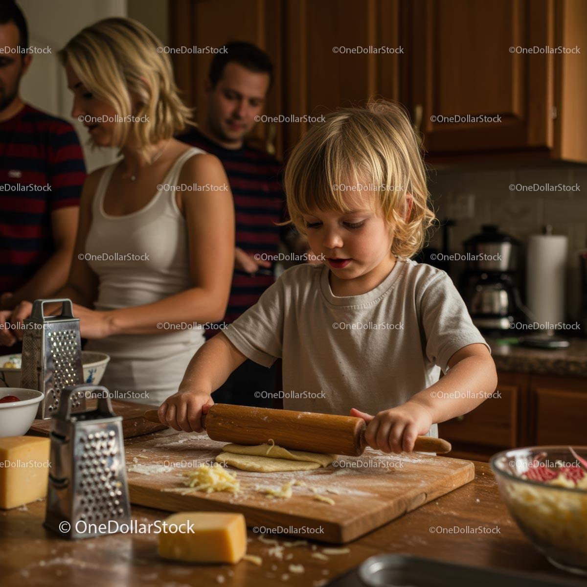 Blond Child Rolling Dough in Cozy Family Kitchen 12 JPG Files digital asset preview
