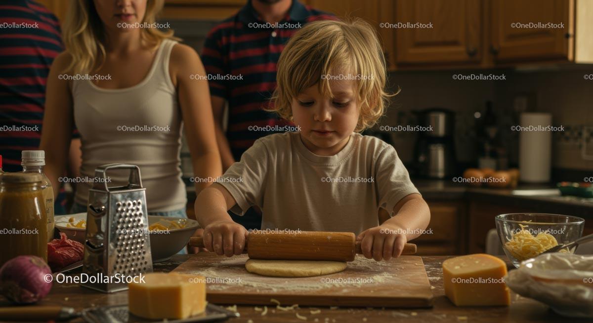 Child Rolling Dough on Wooden Kitchen Counter