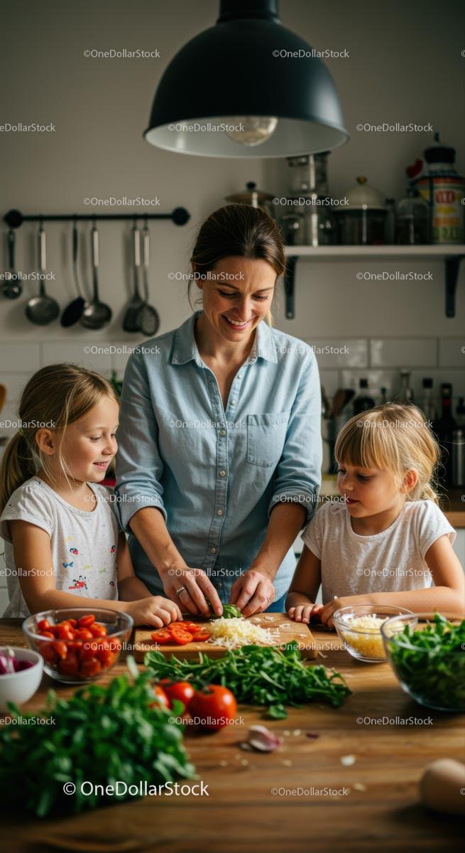 Mother and Daughters Cooking with Fresh Vegetables