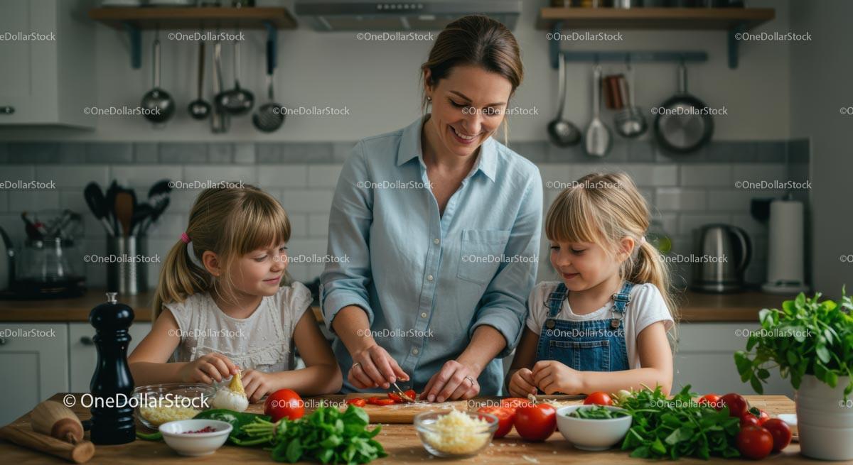 Mother and Daughters Cooking Fresh Tomato Dish in Kitchen