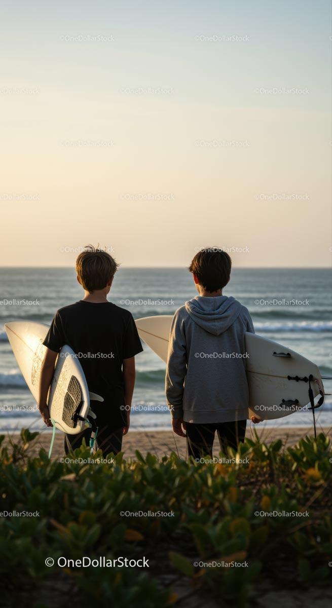 Two Friends with Surfboards at Sunset Beach