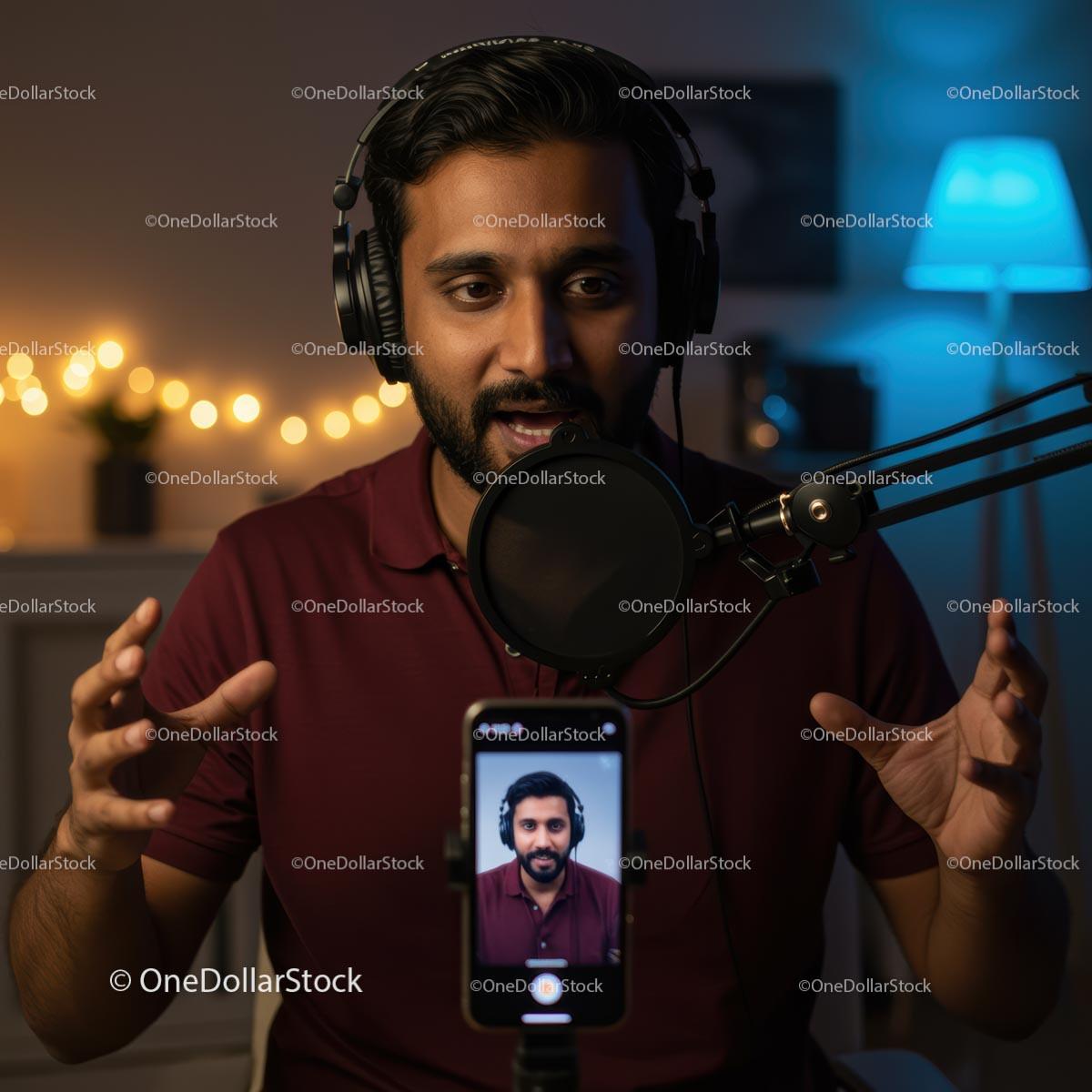 Focused Podcaster Recording at Home with Professional Setup