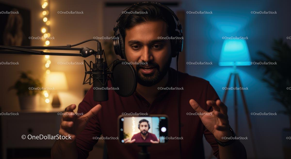 Podcaster at Home Studio with Professional Microphone Setup