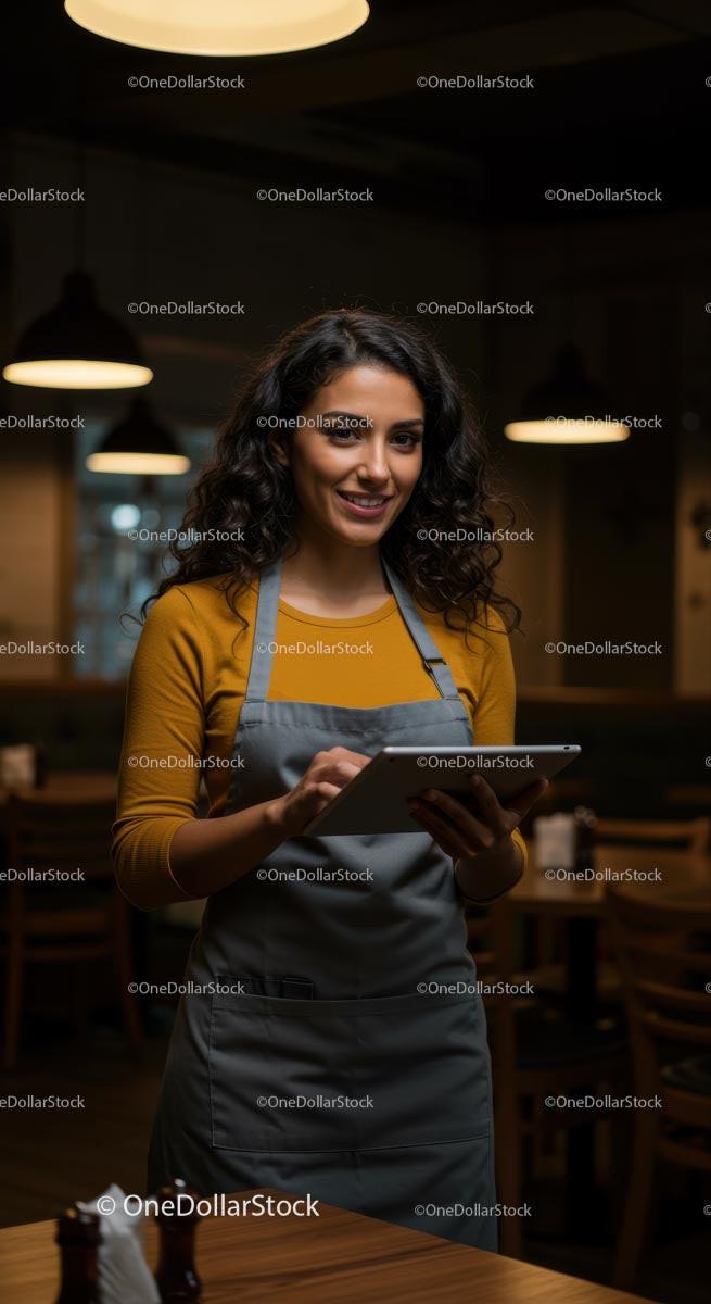 Smiling Waitress Using Tablet in Cozy Restaurant