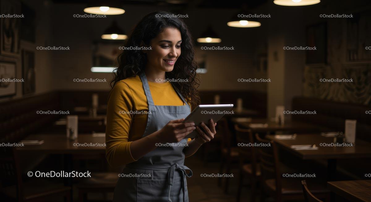 Smiling Waitress Using Tablet in a Cozy Restaurant