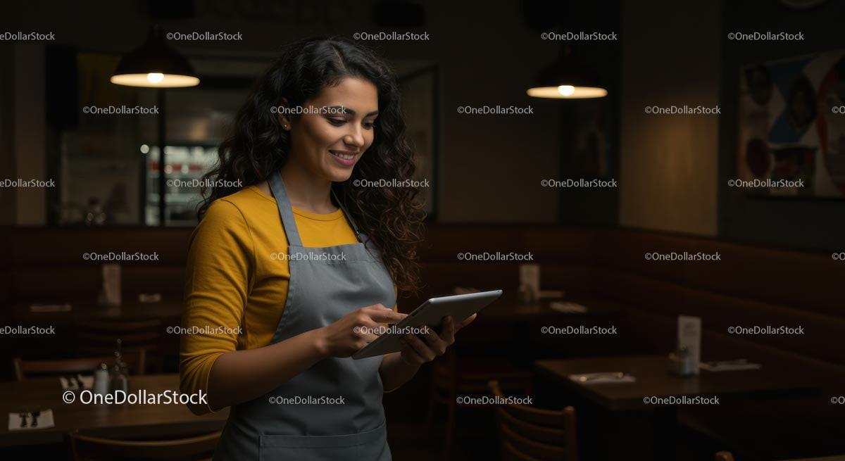 Smiling Woman Using Tablet in Cozy Restaurant Setting