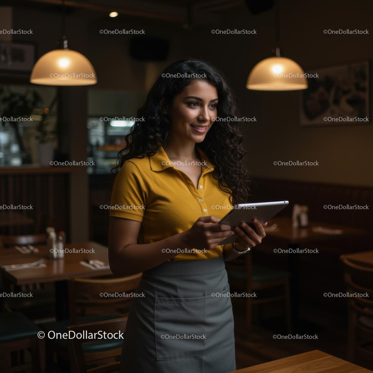 Smiling Waitress Using Tablet in Cozy Restaurant Setting