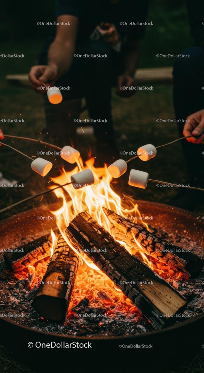 Group Roasting Marshmallows Over a Cozy Campfire in Evening