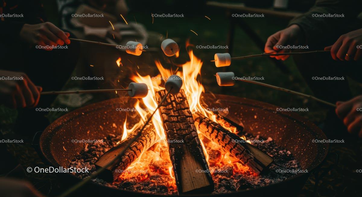 Marshmallows Toasting Over a Cozy Campfire at Night