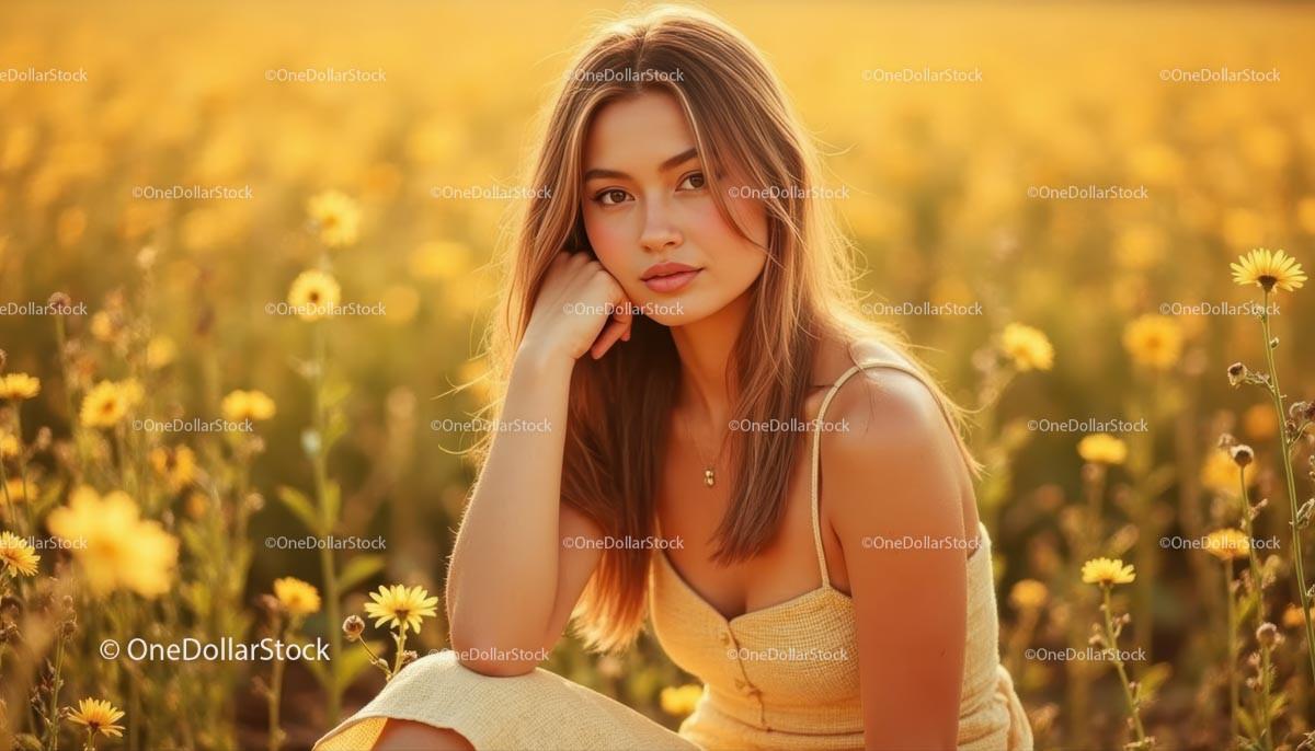 Young Woman Sitting in a Field of Yellow Daisies