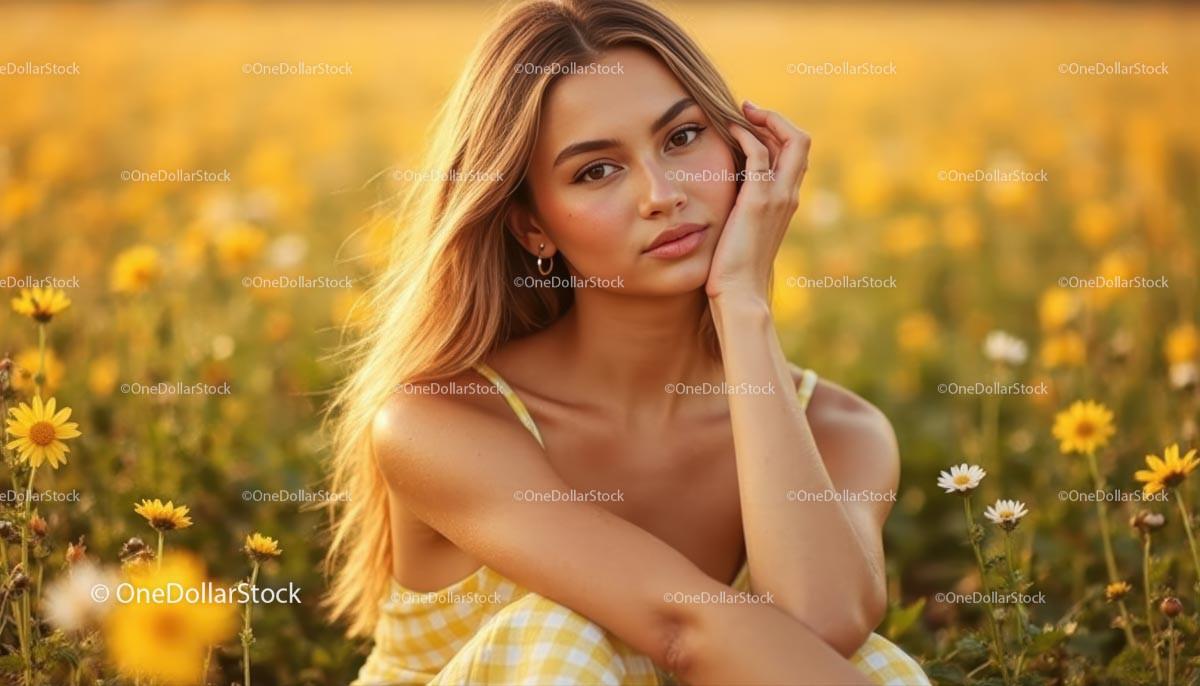 Young Woman Relaxing in a Field of Yellow Daisies