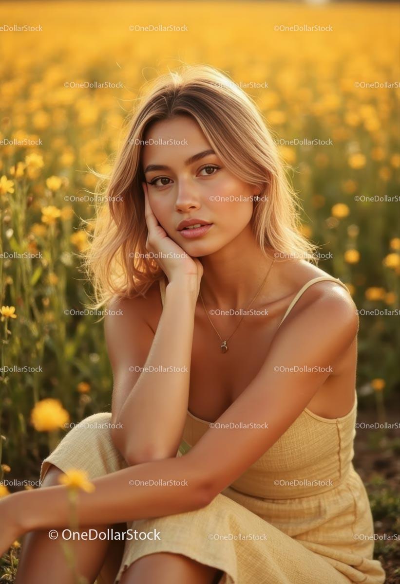 Young Woman in Summer Dress Among Yellow Flowers at Golden Hour