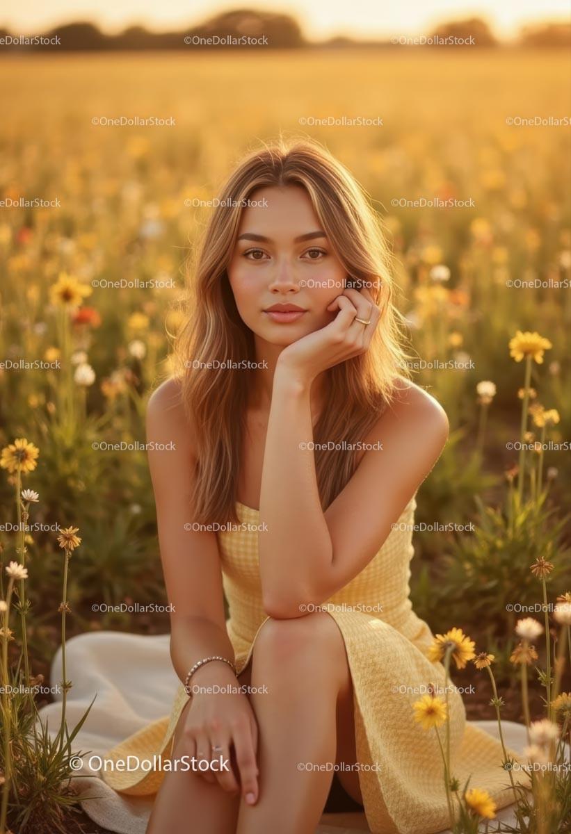 Young Woman in Yellow Dress Surrounded by Wildflowers
