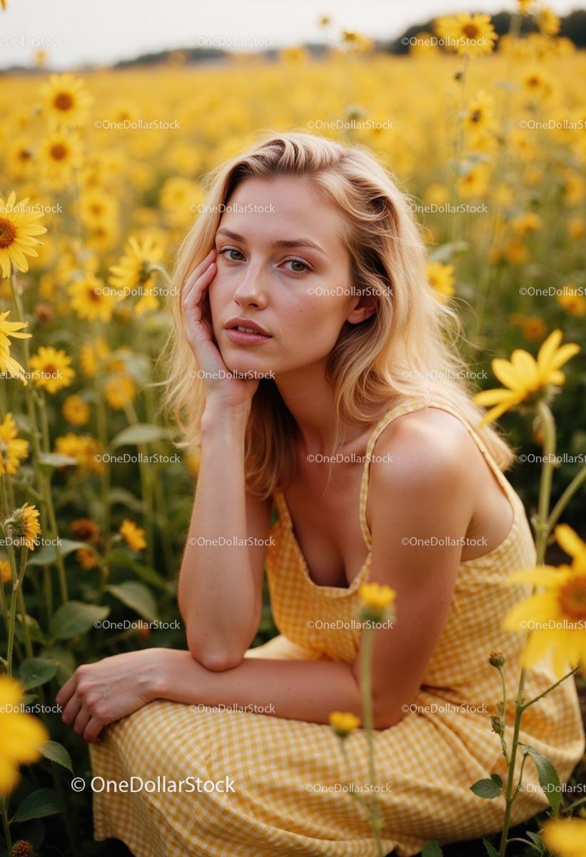 Blonde Woman in Yellow Dress Amidst Sunflower Field
