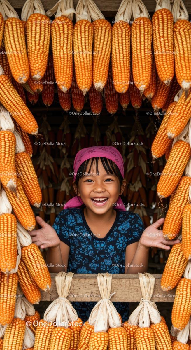 Joyful Girl Amidst Hanging Corn in Vibrant Market Scene