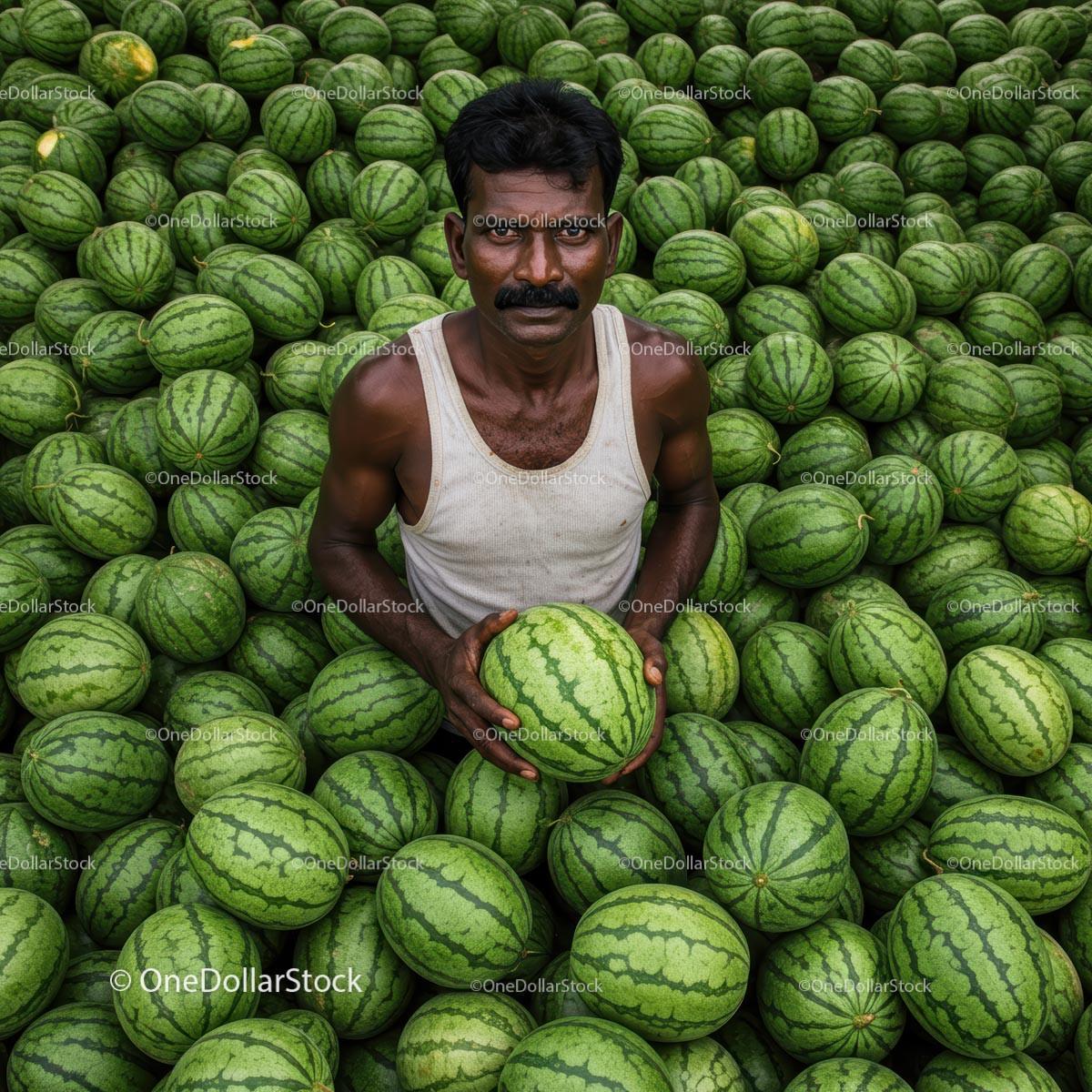 Vendor Surrounded by Fresh Watermelons at Fruit Market